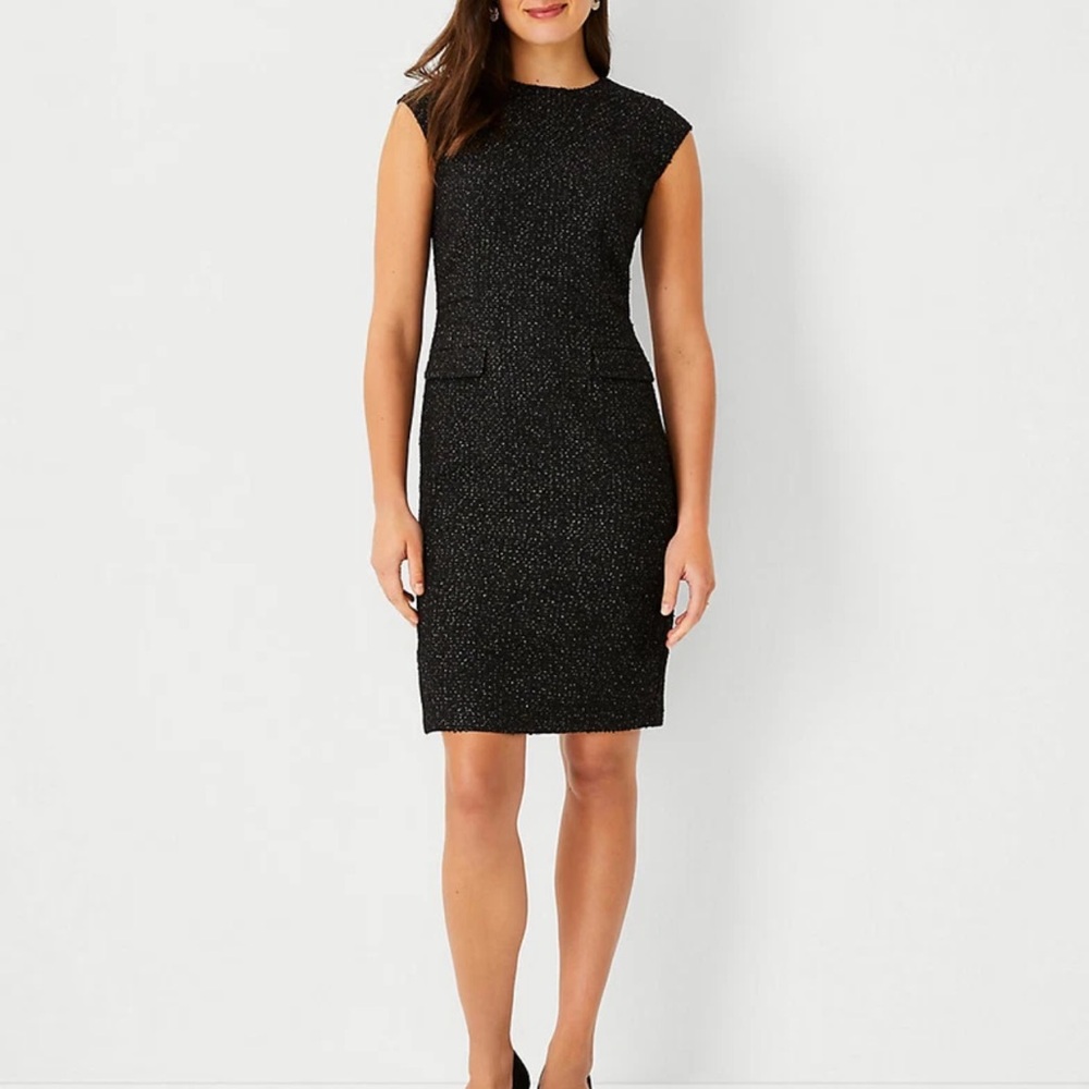 ANN TAYLOR Black Lurex TWEED POCKET DRESS 12 Career Office Preppy LBD Flattering
